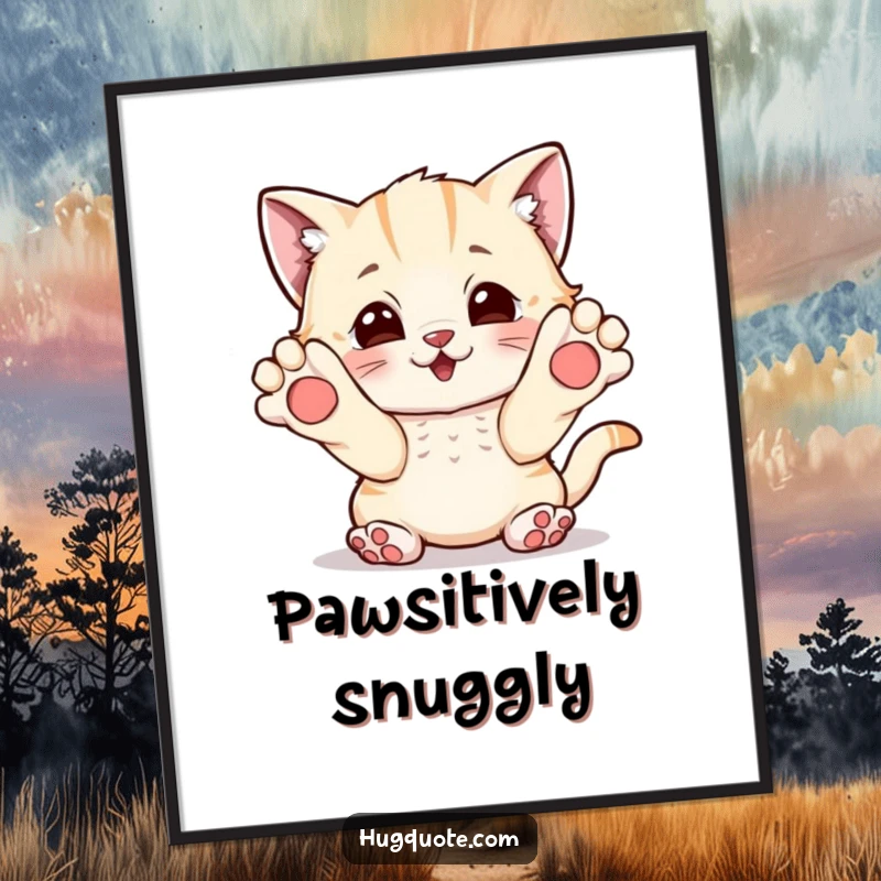 Funny Free Printable Wall Art: A playful kitten character reaching out with its paws, inviting a hug, adorable and charming, downloadable art.