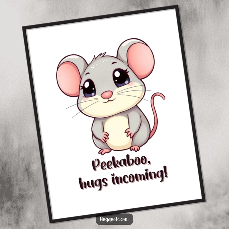 Free Printable wall art: Kawaii mouse with large, innocent eyes peeking out, extending arms slightly, inviting a gentle hug.