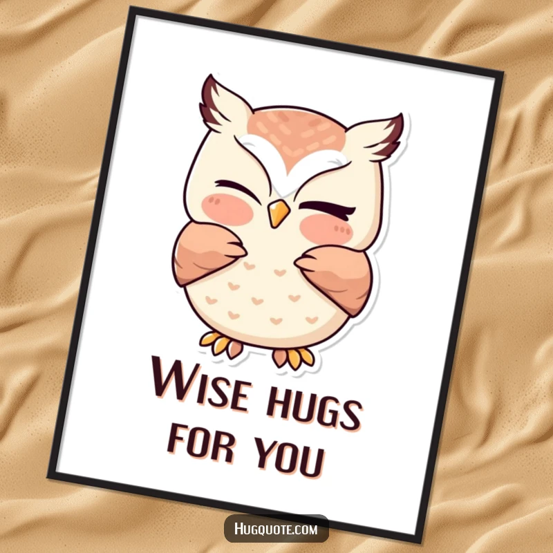 Free Printable wall art: Kawaii owl with a playful wink giving a gentle, loving hug, creating a cozy and inviting atmosphere.