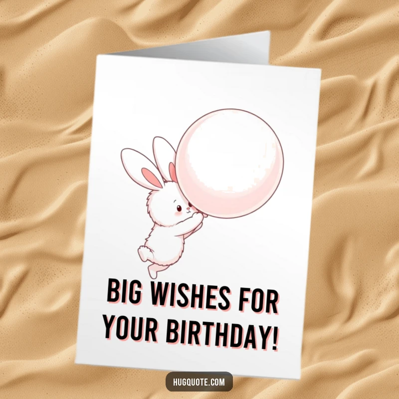 Funny Free Printable Birthday Card showing a fluffy bunny trying to hug a giant floating balloon, capturing effort and joy.