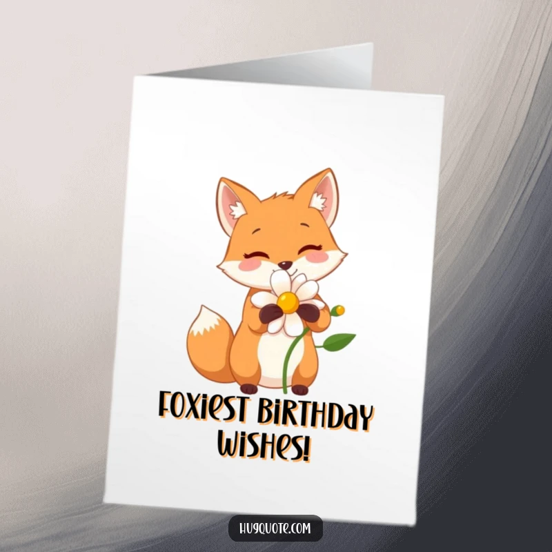 Funny Free Printable Birthday Card: A small fox character sharing a wide, happy hug with a cheerful flower, celebrating a special day.
