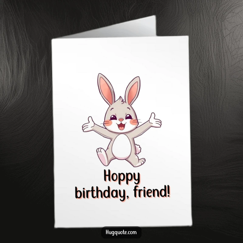 Funny Free Printable Birthday Card: A happy bunny character leaping into a cheerful embrace with wide open arms, ready to celebrate.