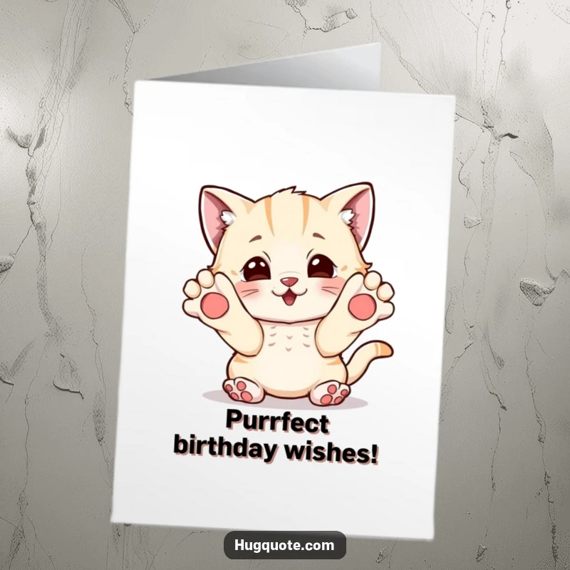 Funny Free Printable Birthday Card: A playful kitten character reaching out with tiny paws, asking for a warm hug.