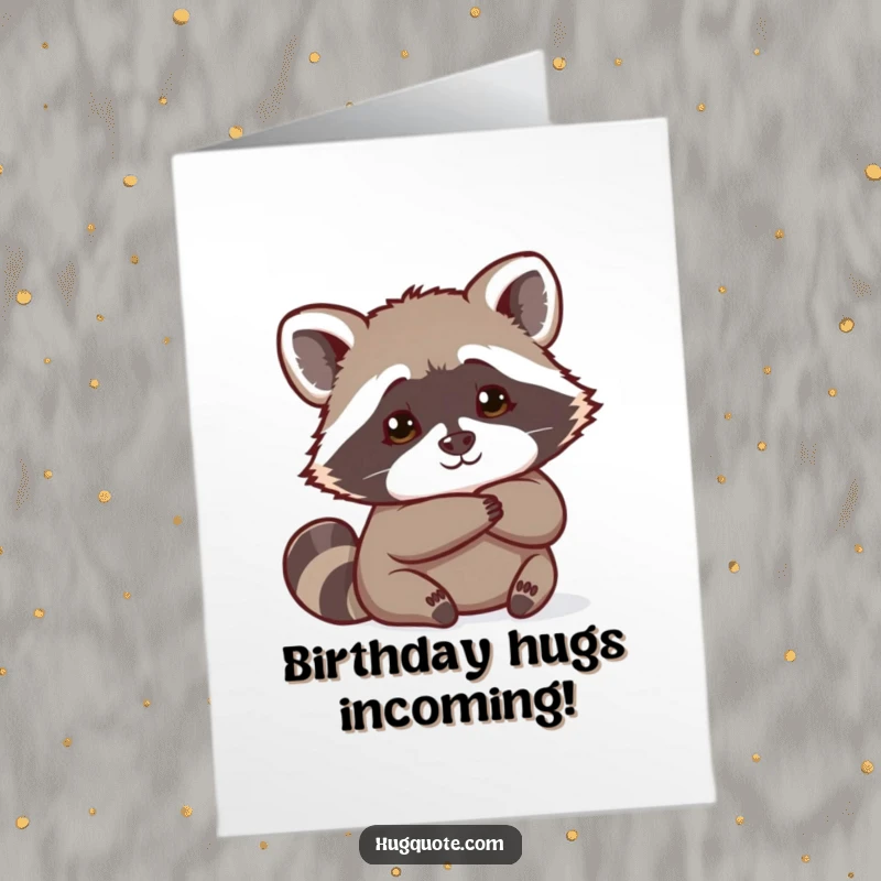 Funny Free Printable Birthday Card: A curious raccoon peeking from behind a hug, ready to celebrate your birthday.