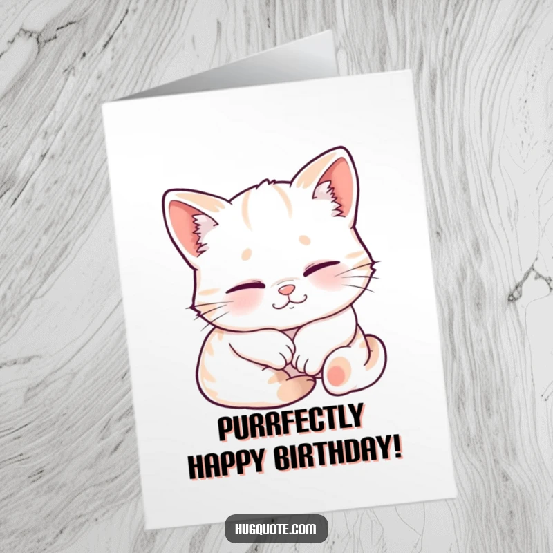 Funny free printable birthday card featuring a sleepy kitten smiling contentedly while being lovingly embraced.