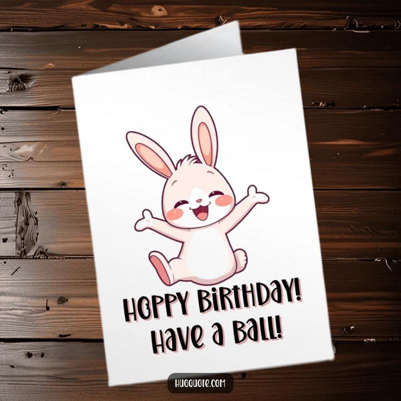 Funny Free Printable Birthday Card: Cute bunny character energetically leaping with joy, arms outstretched for a happy birthday embrace.