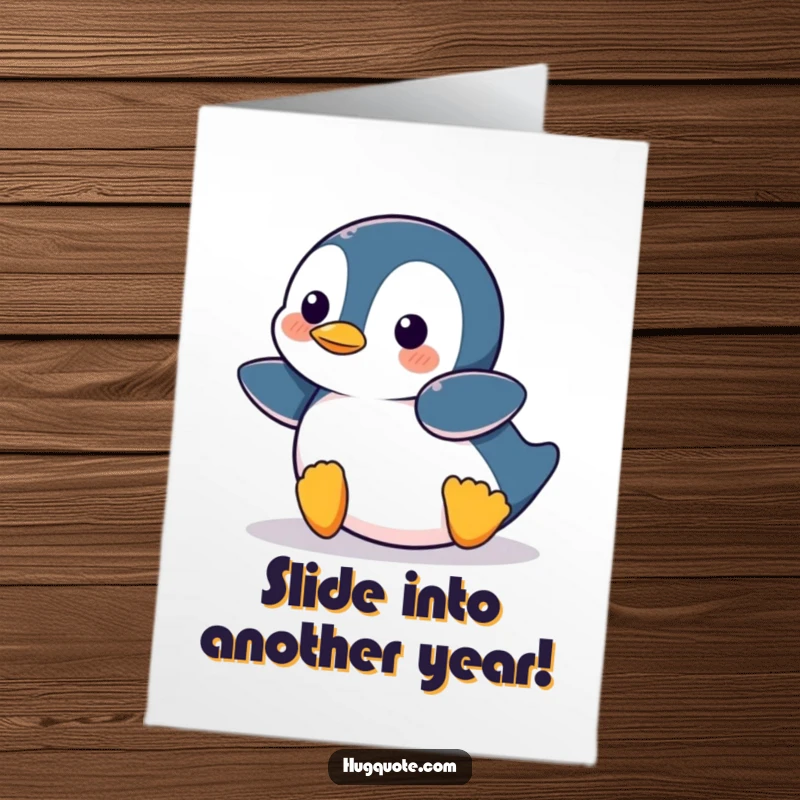 Funny Free Printable Birthday Card: Playful penguin sliding on belly, full of excitement, ready for a birthday surprise gift.