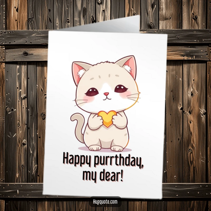Funny Free Printable Birthday Card featuring a shy cat offering a small, glowing heart, symbolizing heartfelt birthday wishes.