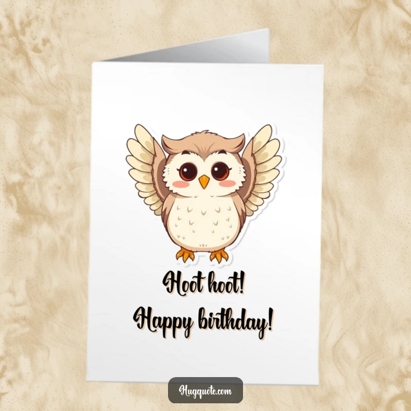 Funny Free Printable Birthday Card featuring a curious owl hooting softly with playful wings extended, offering birthday cheer.