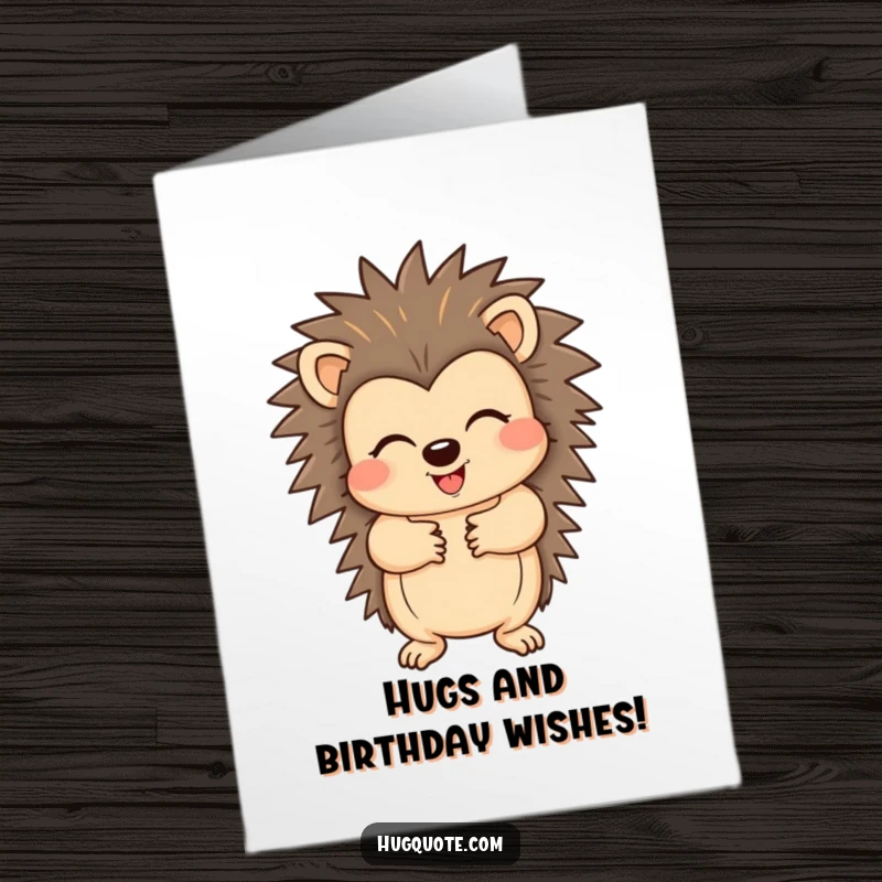 Funny free printable birthday card featuring a cheerful hedgehog character extending its paws for a warm, loving hug.