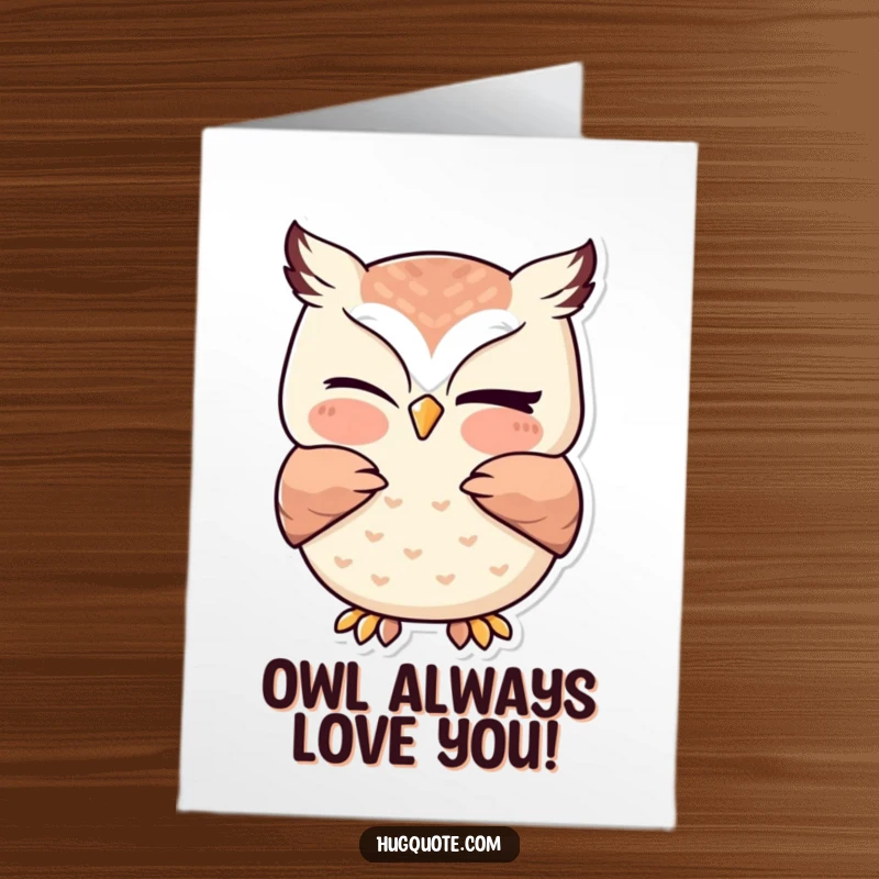 Free Printable birthday card: Kawaii owl winking charmingly while offering a sweet, gentle hug, conveying warmth and affection.