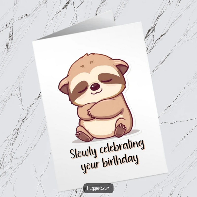 Funny Free Printable Birthday Card: Sleepy sloth slowly extending an arm for a gentle, endearing embrace, wishing happy birthday.