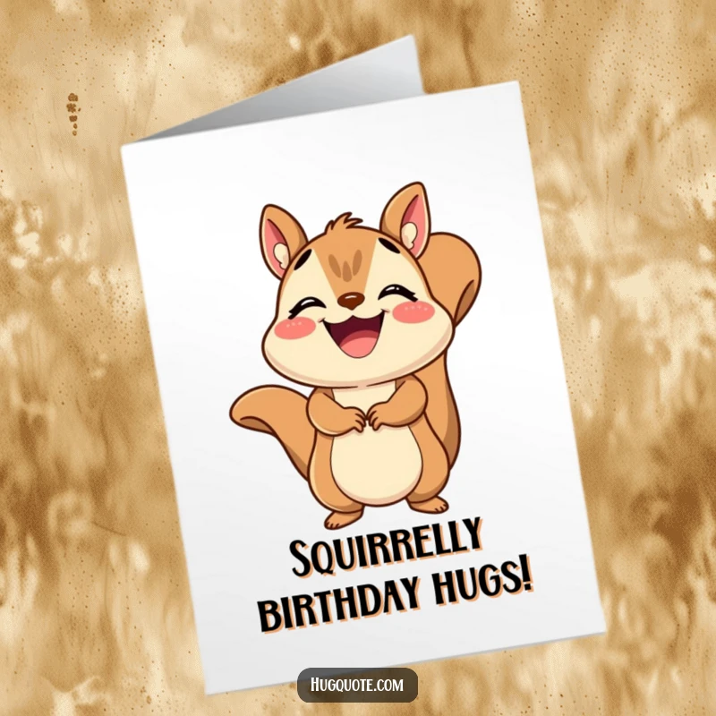 Funny Free Printable Birthday Card: A grinning squirrel delivering a quick, joyful embrace for your special day.