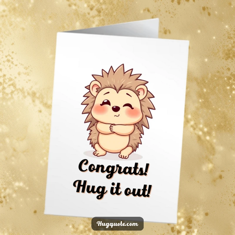 Funny Free Printable Congratulations Card: A shy hedgehog offering a gentle, cautious hug to celebrate success.