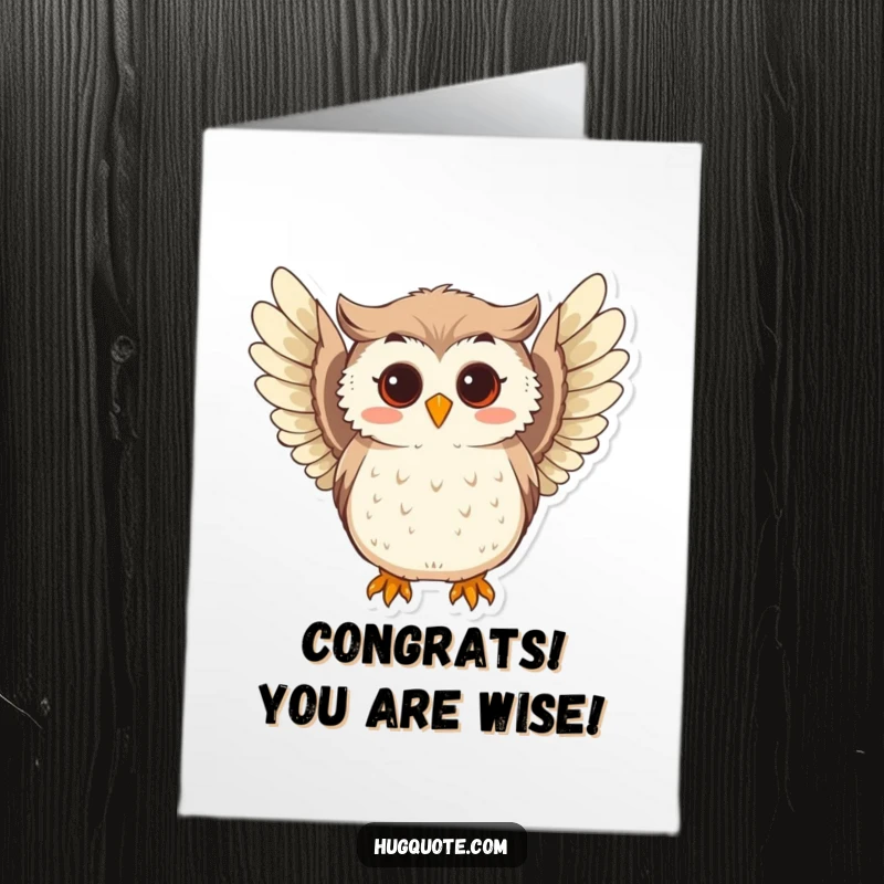 Funny Free Printable Congratulations Card showing a curious owl extending wings, conveying intelligent congratulations and admiration.