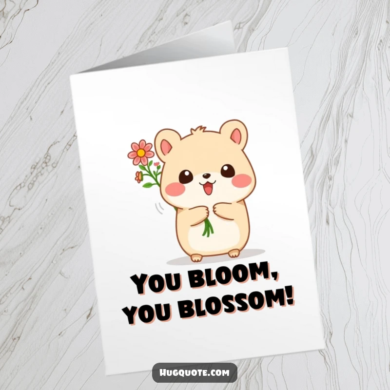 Funny Free Printable Congratulations Card: A round animal happily presents a bouquet of flowers, ideal for a cheerful message.