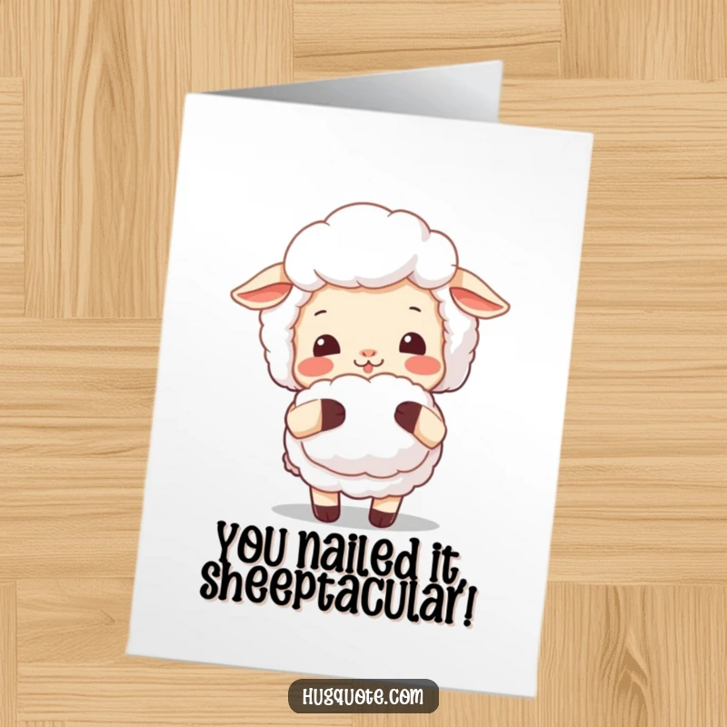Funny Free Printable Congrats Card: Smiling sheep offering a fluffy hug, a sweet and downloadable design for celebrating achievements.