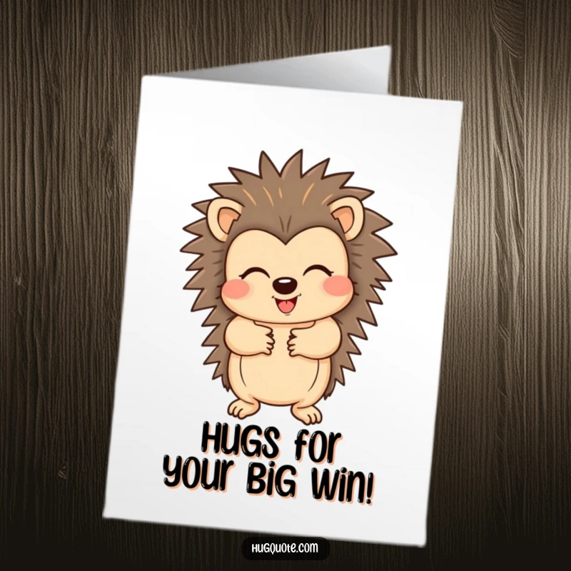 Funny free printable congratulations card showing a cute hedgehog offering a big hug with its extended paws.