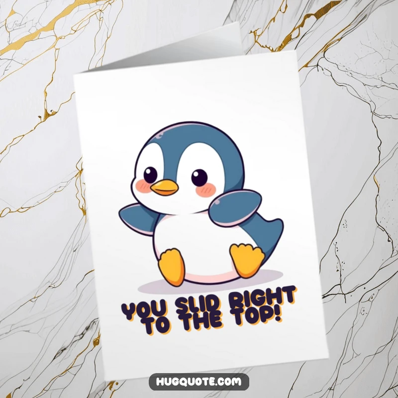 Funny Free Printable Congratulations Card: Playful penguin sliding, conveying exciting news and congratulations with a joyful slide.
