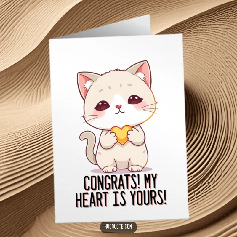 Funny Free Printable Congratulations Card showing a shy cat gently offering a tiny, glowing heart, full of shared joy.