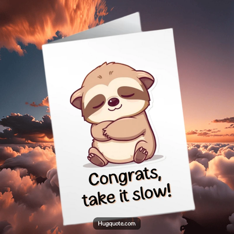 Funny Free Printable Congratulations Card: Sleepy sloth extending an arm in a slow, gentle embrace, celebrating achievements leisurely.
