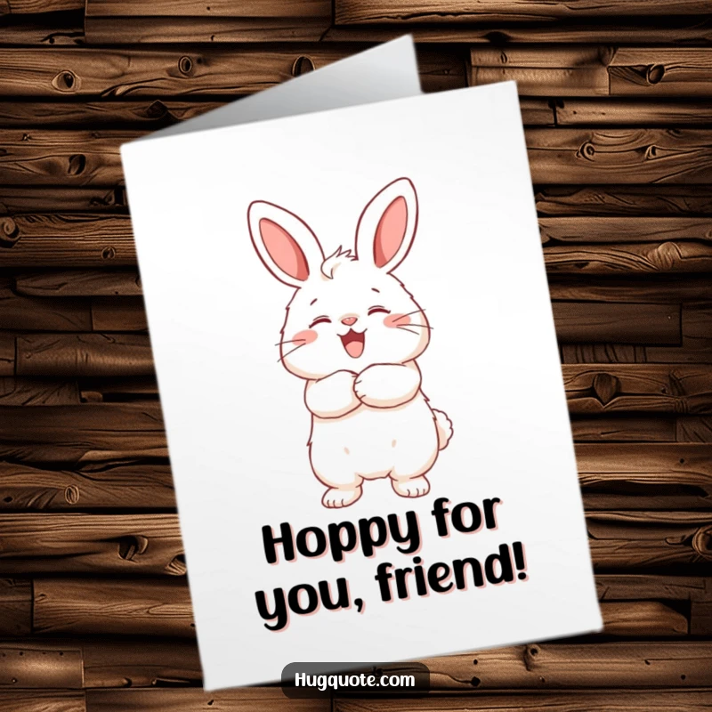 Funny free printable congratulations card showing a cheerful bunny giving a big hug to an imaginary friend.