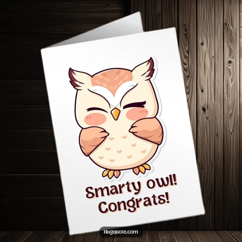 Free Printable congratulations card: Cute kawaii owl winking playfully while giving a tender, gentle hug, radiating happiness.