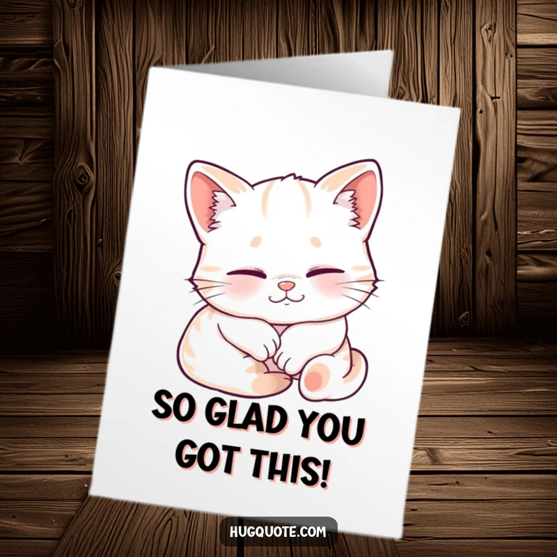 Funny free printable congratulations card showing a content sleepy kitten smiling while being held.