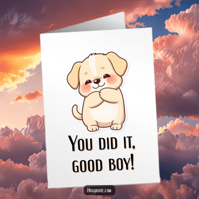 Funny Free Printable Congratulations Card: Chubby puppy character wagging its tail with delight during a celebratory hug of achievement.