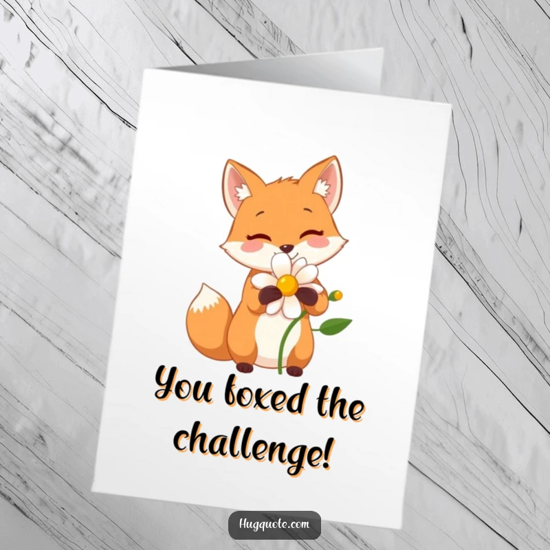 Funny Free Printable Congrats Card: A small fox character giving a happy hug to a vibrant flower, celebrating an achievement.