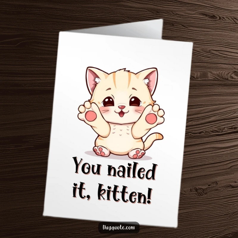Funny Free Printable Congrats Card: A playful kitten character extending its paws, eager to give a congratulatory hug.