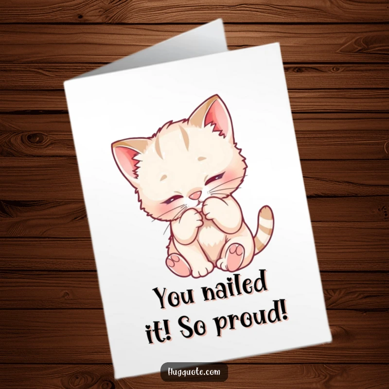 Funny Free Printable Congratulations Card: Playful kitten character nuzzling into a fuzzy chest, expressing sweet congratulations and affection.