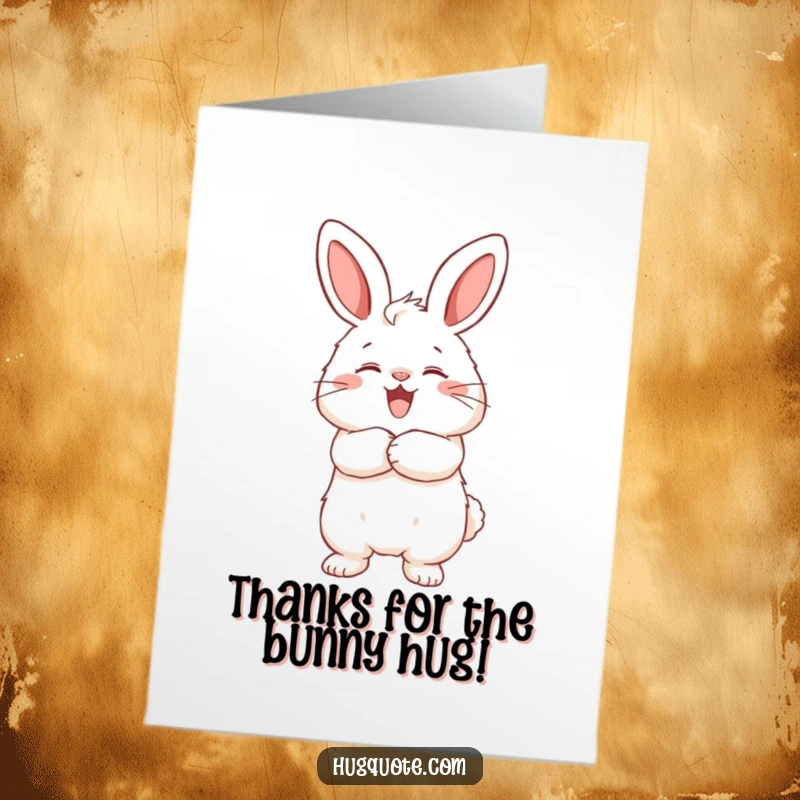 Funny free printable thank you card with a fluffy bunny character joyfully wrapping its arms around an invisible companion.