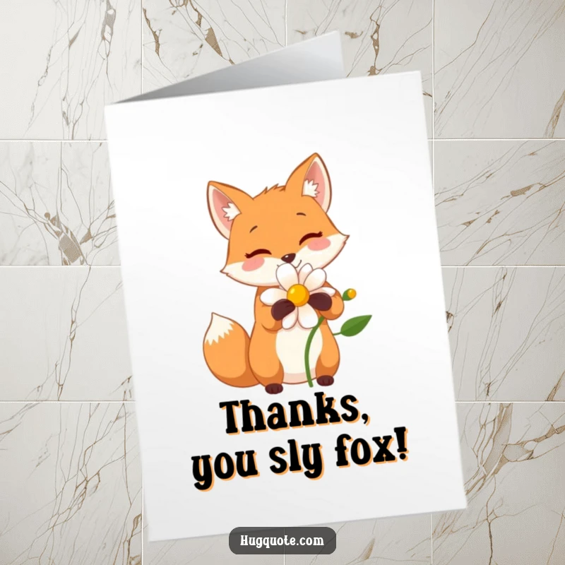 Funny Free Printable Thank You Card: A small fox character happily embracing a beautiful flower, conveying sincere thanks.