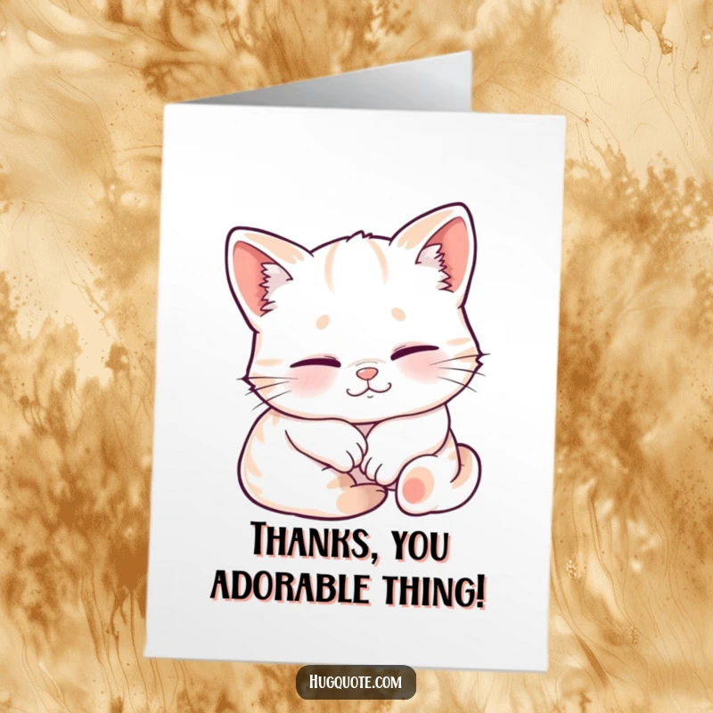 Funny free printable thank you card with a sleepy kitten character smiling contently while being snuggled.