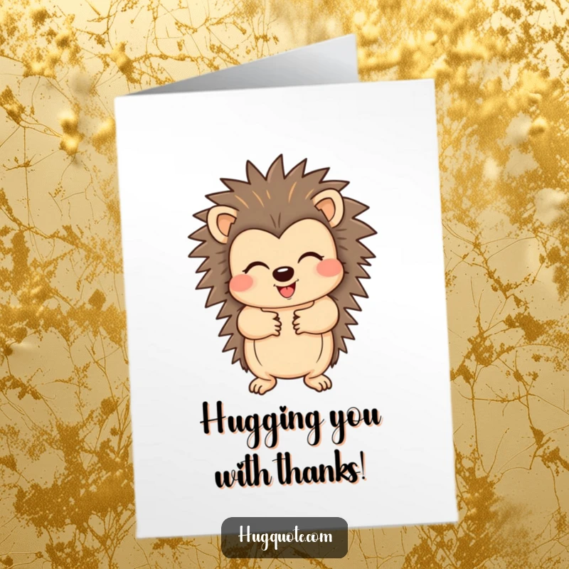 Funny free printable thank you card where a happy hedgehog offers a warm, comforting hug with its paws.