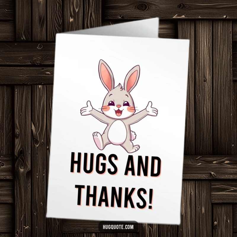 Funny Free Printable Thank You Card: A bunny character offering a cheerful embrace with arms wide open, saying thank you.