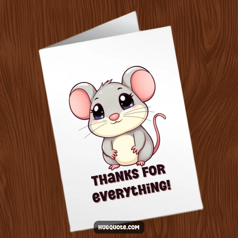 Free Printable thank you card: Kawaii mouse with enormous eyes looking up, peeking for a hug, conveying pure innocence.