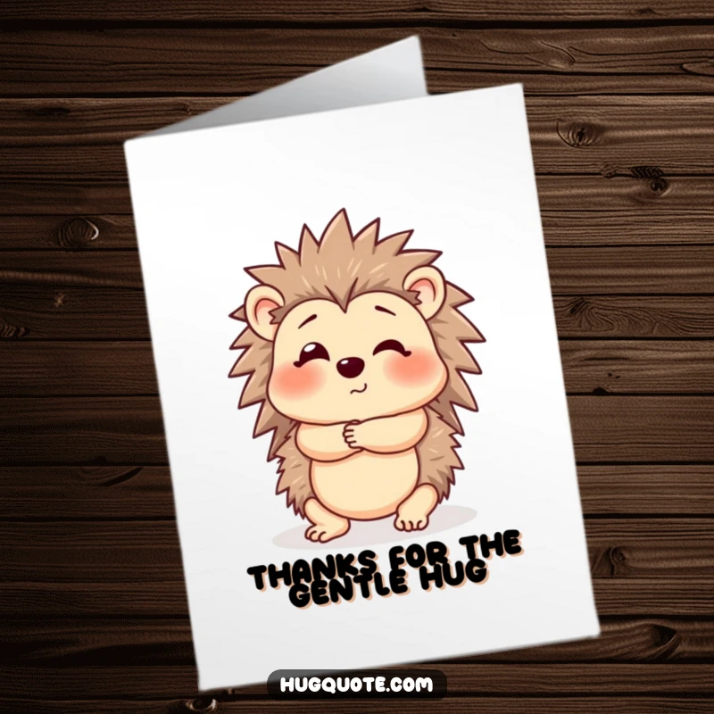 Funny Free Printable Thank You Card: A shy hedgehog offering a gentle, cautious hug to express thanks.