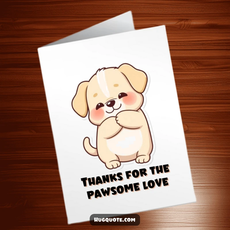 Funny Free Printable Thank You Card: Chubby puppy character wagging its tail with joy while giving a warm, thankful hug.
