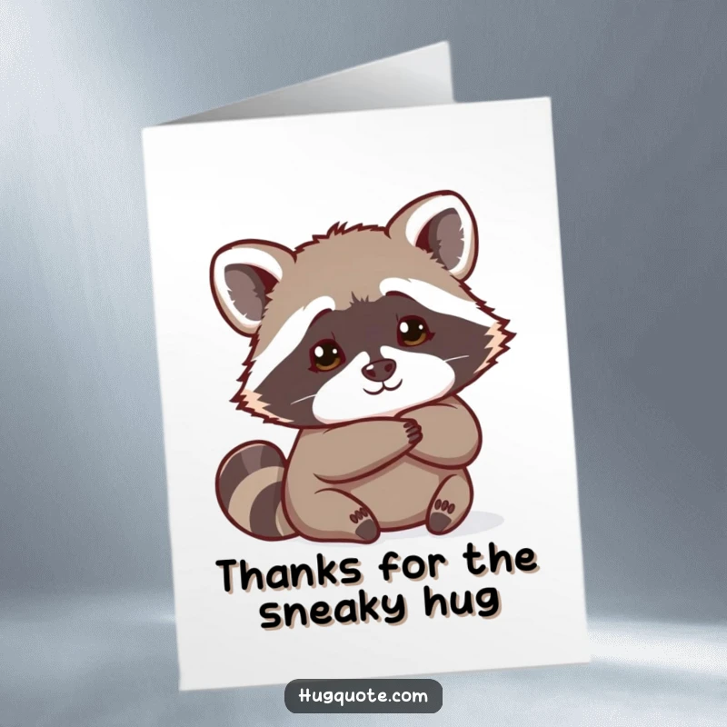 Funny Free Printable Thank You Card: A curious raccoon peeking from behind a hug, sending thanks your way.