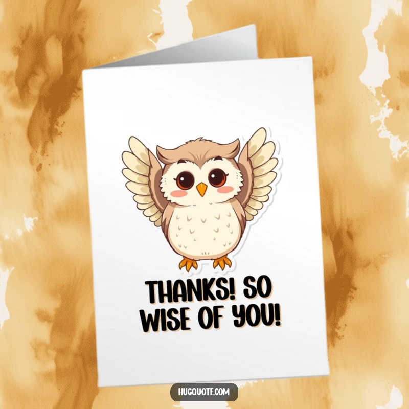Funny Free Printable Thank You Card featuring a curious owl with wings spread, offering a wise and heartfelt thank you.