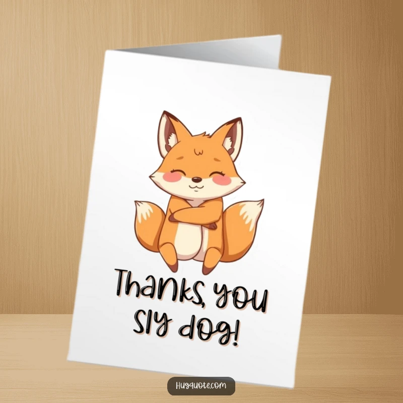 Funny Free Printable Thank You Card: Energetic fox character wrapping its arms around another, offering a witty and thankful embrace.