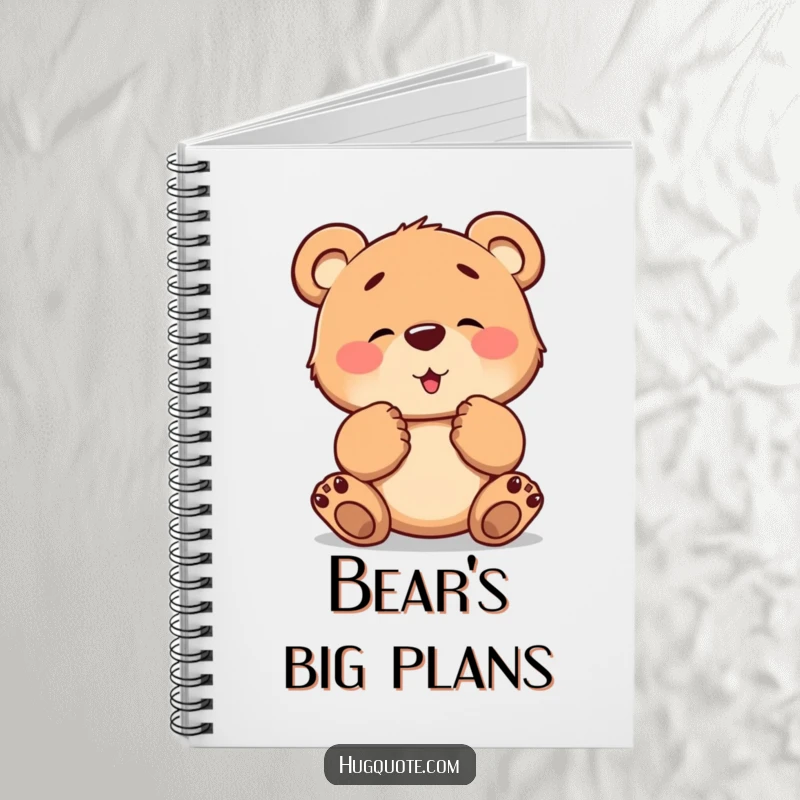 Funny notebook with a brave bear cub character tentatively extending its paws, ready for a comforting hug, ideal for writing.