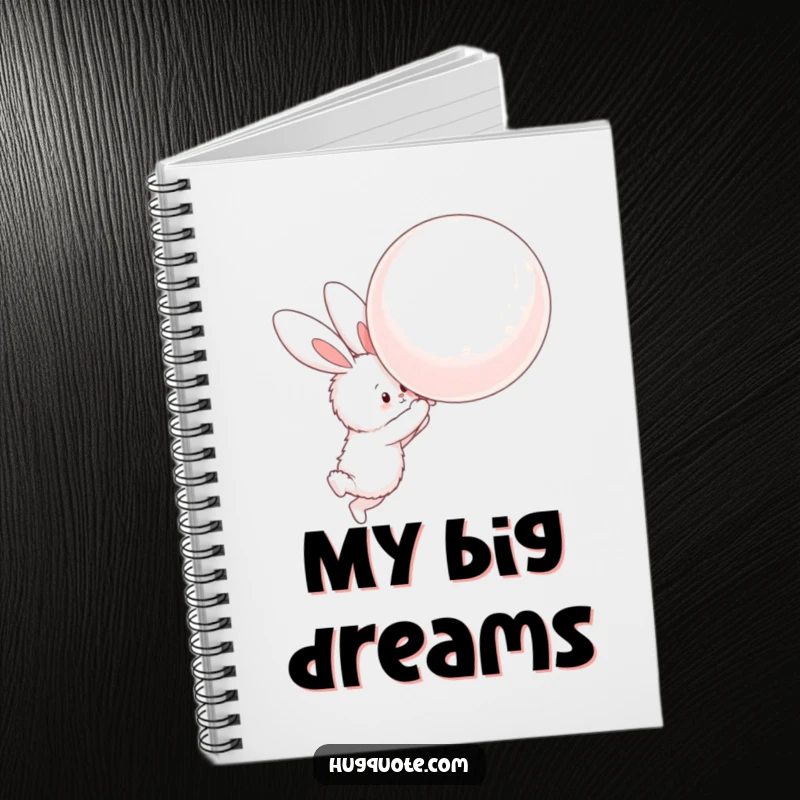 Funny notebook cover with a fluffy bunny character reaching for a giant balloon, inspiring sweet and gentle thoughts.