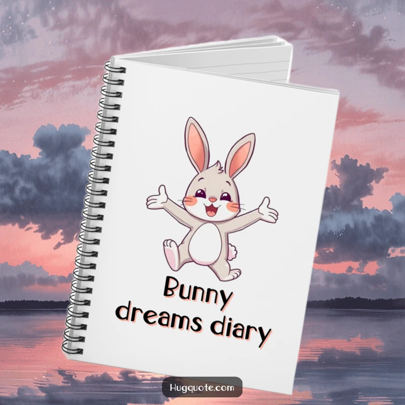 Funny notebook with a bunny character leaping with open arms, ready to embrace your notes with cheer.