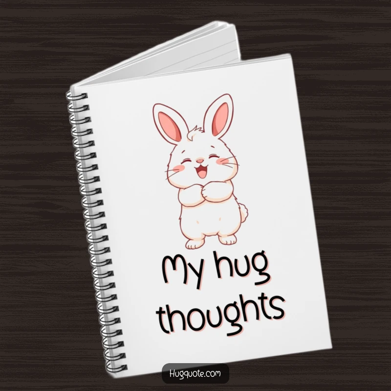 Funny notebook with a fluffy bunny character joyfully wrapping its arms around an unseen friend, perfect for journaling.