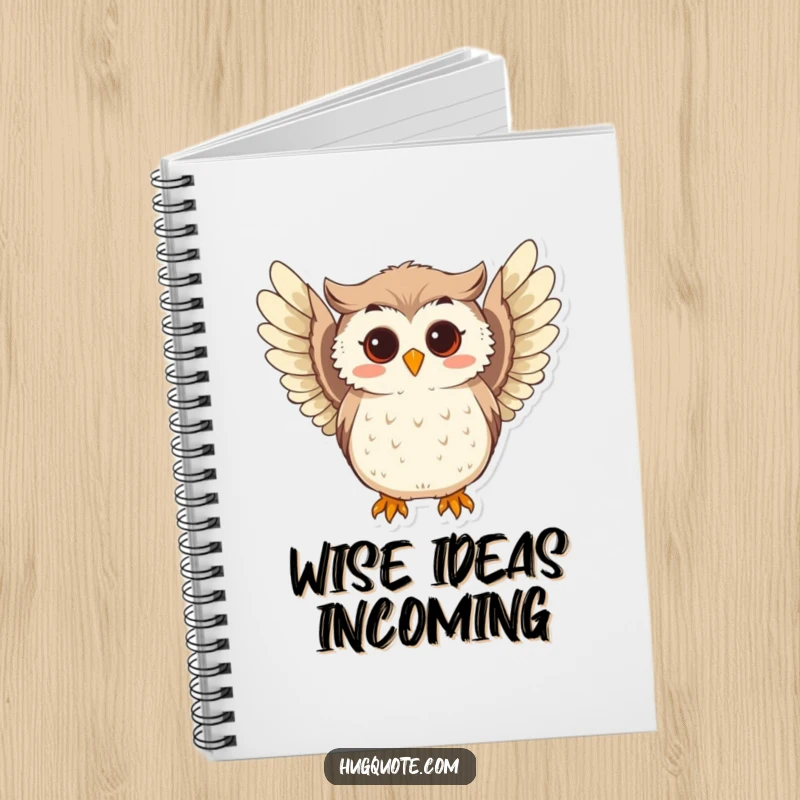 Funny notebook with a curious owl character softly hooting and extending its playful wings, perfect for capturing wise thoughts.