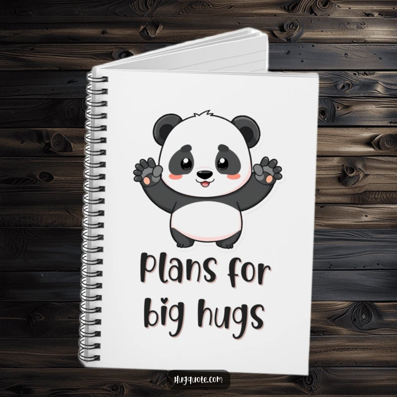 Funny determined panda character stretching arms for a big squeeze on a notebook, inspiring focused thoughts and big ideas.