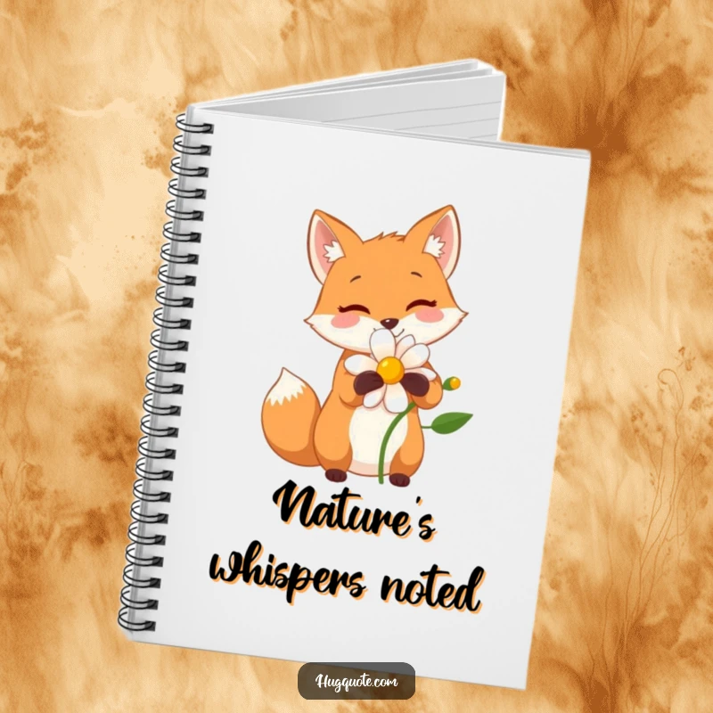 Funny notebook with a small fox character sharing a wide, happy hug with a flower, perfect for nature lovers.